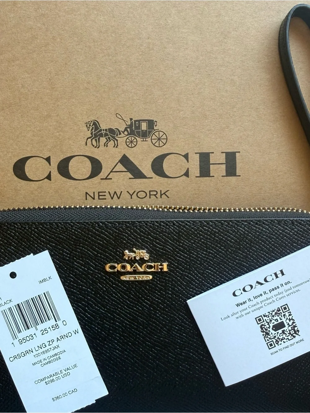 Coach Black Saffiano Leather Zip Wristlet with Gold Logo